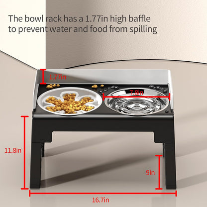 Elevated Dog Bowls for Medium and Large Dogs, Spill-Proof Tiltable Dog Feeder with Slow Feeder Bowl and Stainless Steel Water Bowl, 6-Height Adjustable Raised Dog Bowl Stand