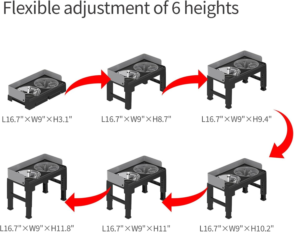 Elevated Dog Bowls for Medium and Large Dogs, Spill-Proof Tiltable Dog Feeder with Slow Feeder Bowl and Stainless Steel Water Bowl, 6-Height Adjustable Raised Dog Bowl Stand