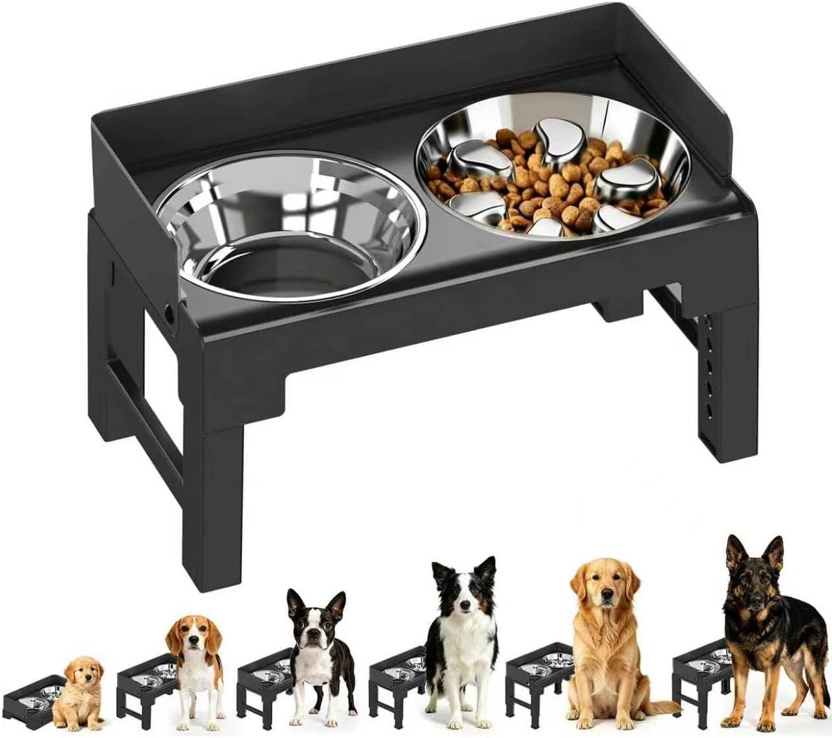 Elevated Dog Bowls for Medium and Large Dogs, Spill-Proof Tiltable Dog Feeder with Slow Feeder Bowl and Stainless Steel Water Bowl, 6-Height Adjustable Raised Dog Bowl Stand