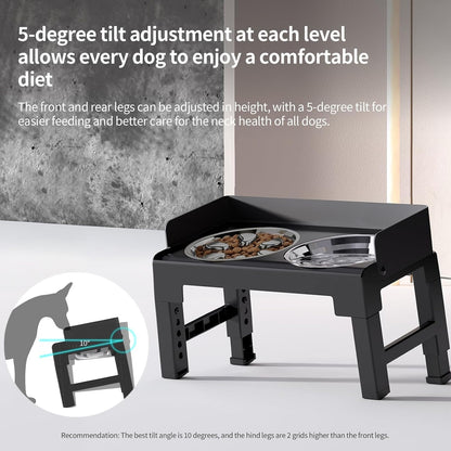 Elevated Dog Bowls for Medium and Large Dogs, Spill-Proof Tiltable Dog Feeder with Slow Feeder Bowl and Stainless Steel Water Bowl, 6-Height Adjustable Raised Dog Bowl Stand
