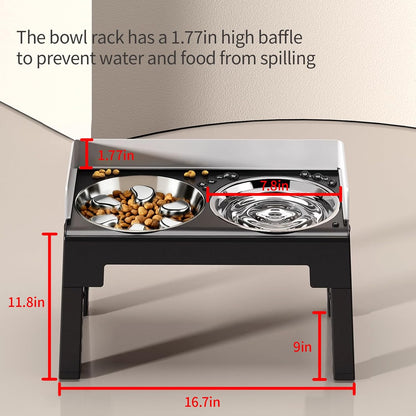 Elevated Dog Bowls for Medium and Large Dogs, Spill-Proof Tiltable Dog Feeder with Slow Feeder Bowl and Stainless Steel Water Bowl, 6-Height Adjustable Raised Dog Bowl Stand