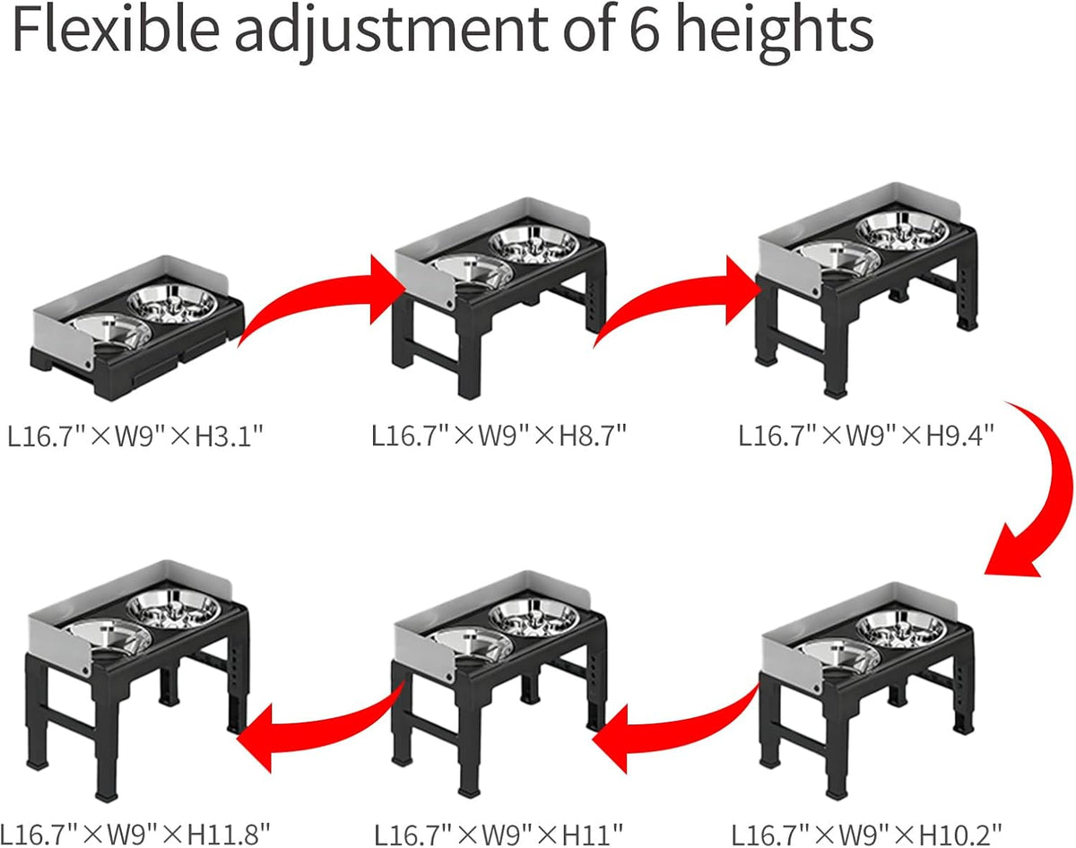 Elevated Dog Bowls for Medium and Large Dogs, Spill-Proof Tiltable Dog Feeder with Slow Feeder Bowl and Stainless Steel Water Bowl, 6-Height Adjustable Raised Dog Bowl Stand