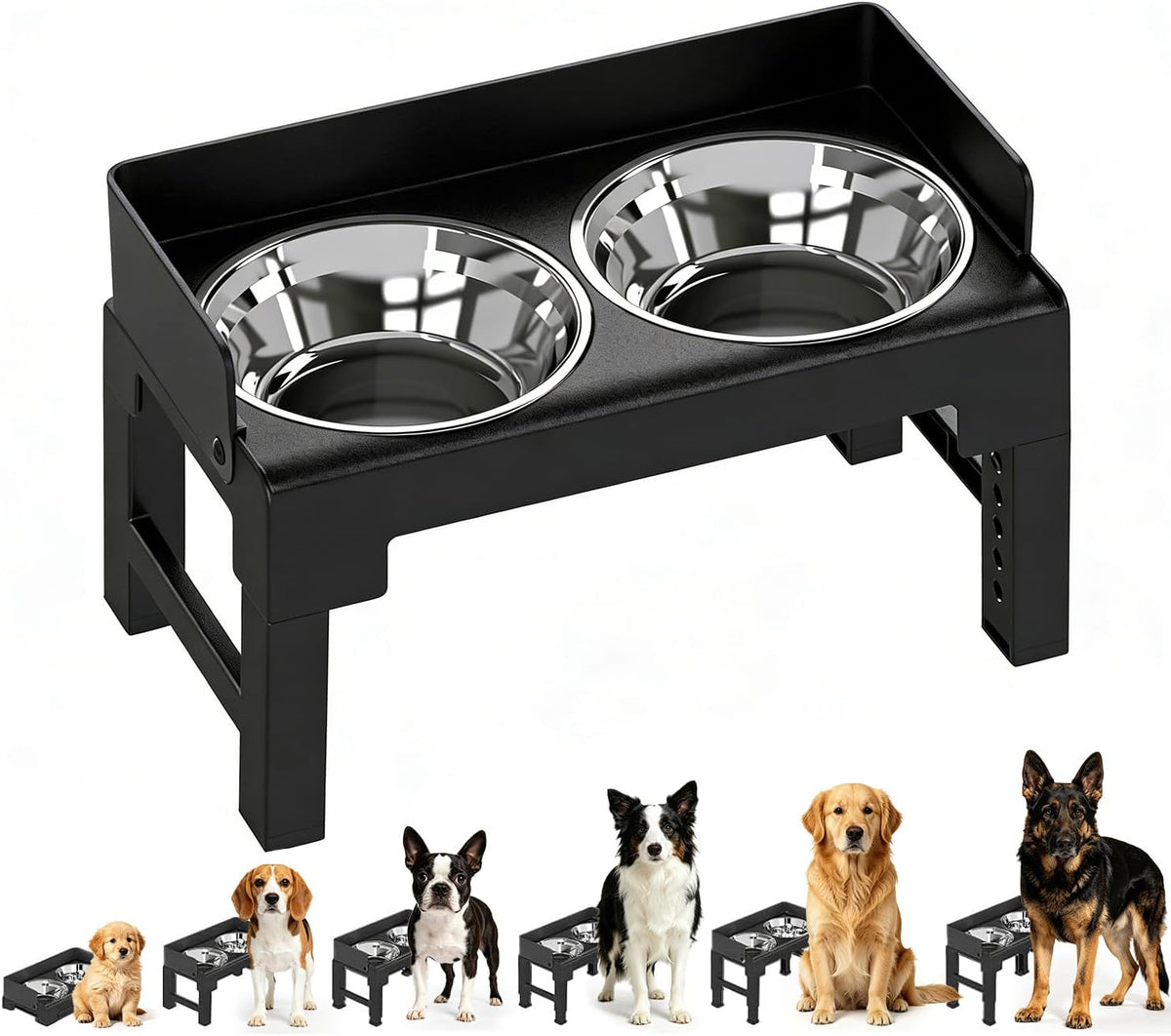 Elevated Dog Bowls for Medium and Large Dogs, Spill-Proof Tiltable Dog Feeder with Slow Feeder Bowl and Stainless Steel Water Bowl, 6-Height Adjustable Raised Dog Bowl Stand