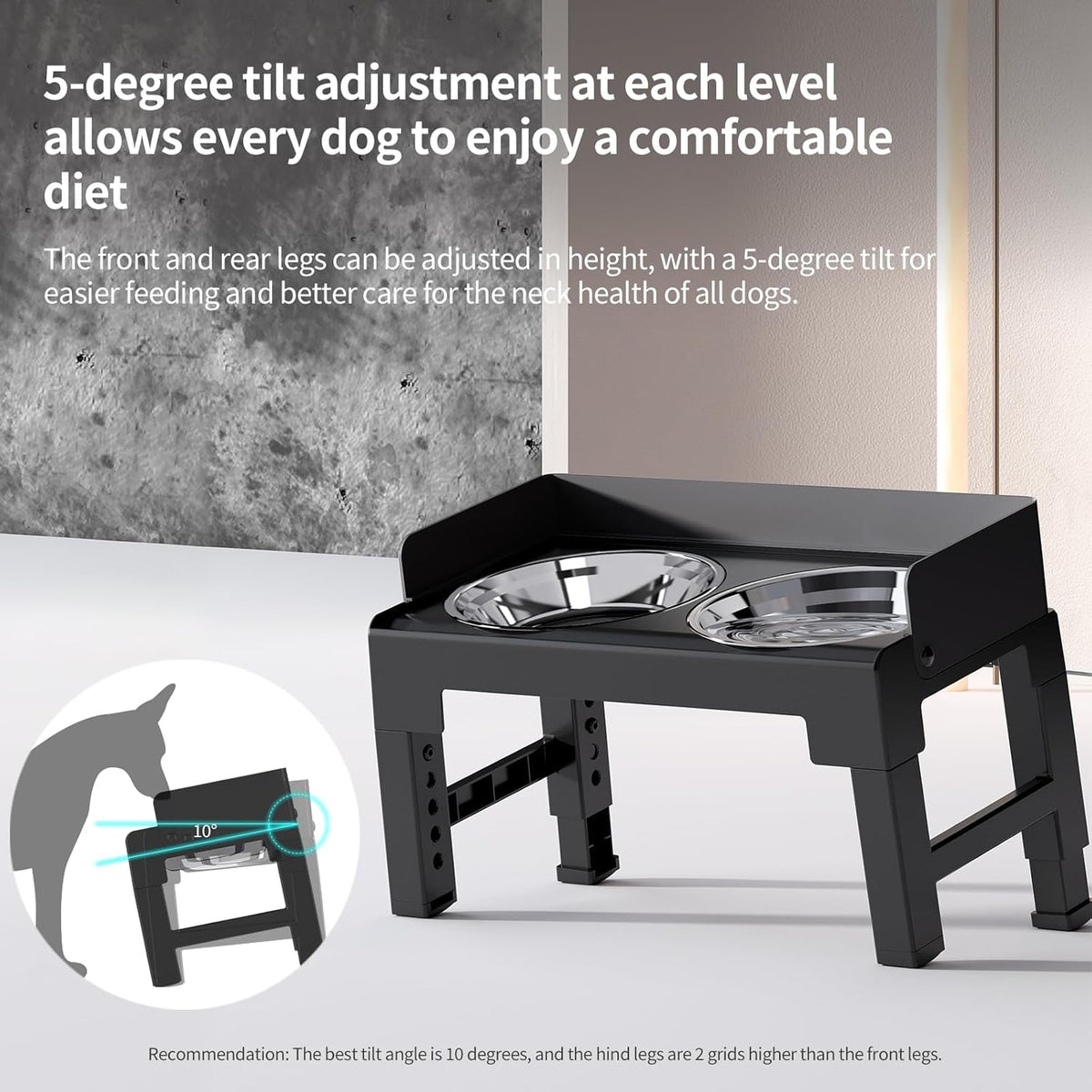 Elevated Dog Bowls for Medium and Large Dogs, Spill-Proof Tiltable Dog Feeder with Slow Feeder Bowl and Stainless Steel Water Bowl, 6-Height Adjustable Raised Dog Bowl Stand