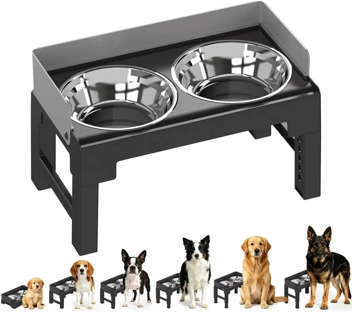Elevated Dog Bowls for Medium and Large Dogs, Spill-Proof Tiltable Dog Feeder with Slow Feeder Bowl and Stainless Steel Water Bowl, 6-Height Adjustable Raised Dog Bowl Stand