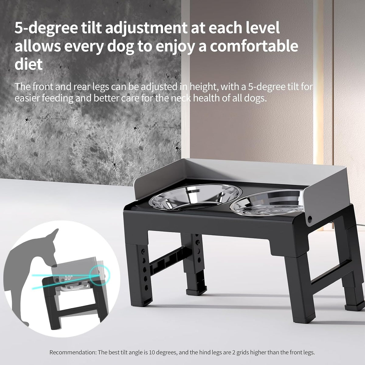 Elevated Dog Bowls for Medium and Large Dogs, Spill-Proof Tiltable Dog Feeder with Slow Feeder Bowl and Stainless Steel Water Bowl, 6-Height Adjustable Raised Dog Bowl Stand