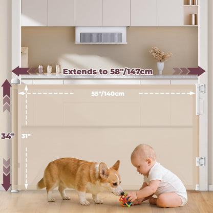 Retractable Baby Gates for Doorway, 58" Wide Mesh Dog Gate for Stair