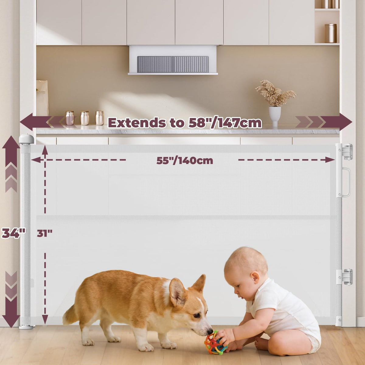 Retractable Baby Gates for Doorway, 58" Wide Mesh Dog Gate for Stair