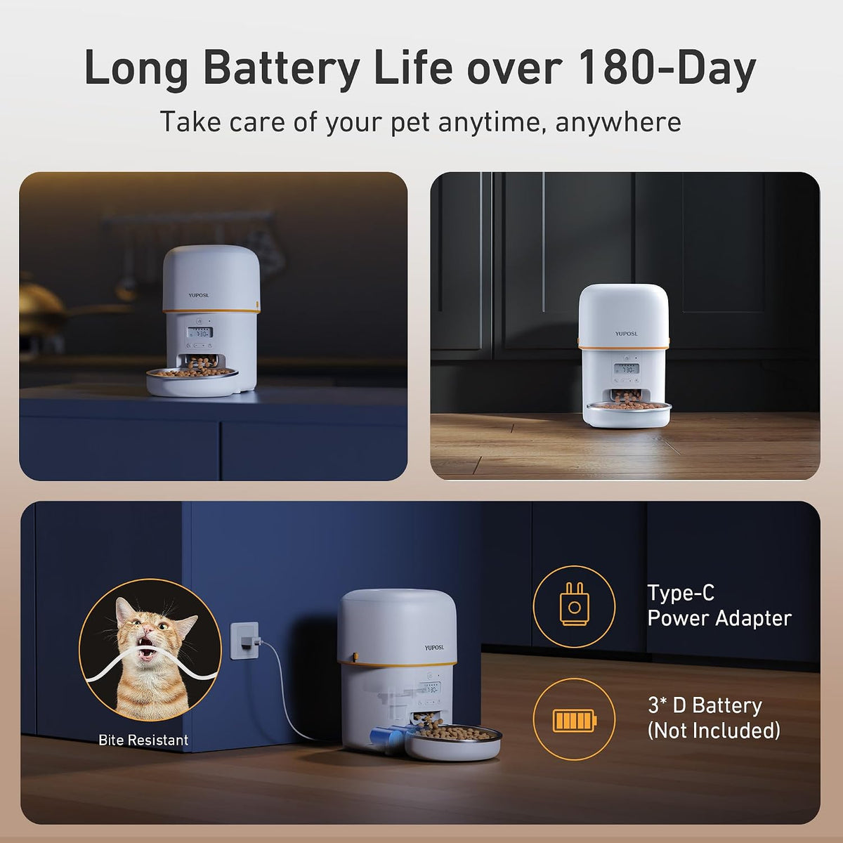 Automatic Cat Feeder, 3L Cat Food Dispenser with Anti-Jam Design, Over 180-day Battery Life, 1-6 Meals Per Day with Stainless Steel Cat Bowl, Keep Dry Food Fresh, Timed Pet Feeder Also for Small Dog