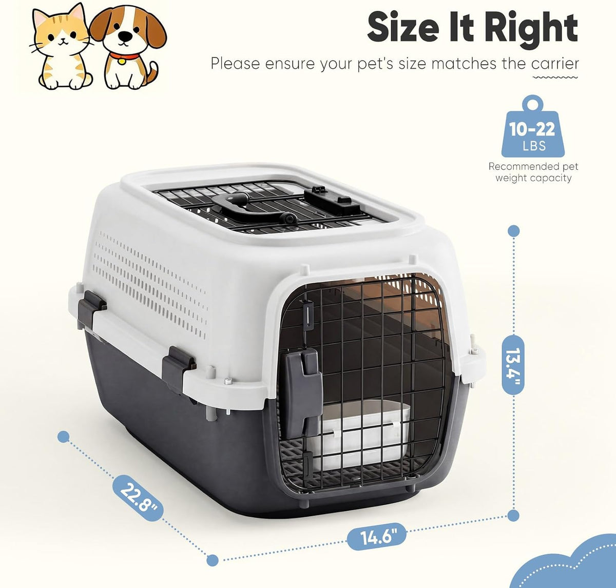 DUMOS 23" Hard-Sided Pet Carrier for Small Pets, 2 Door Cat Carrier, Black