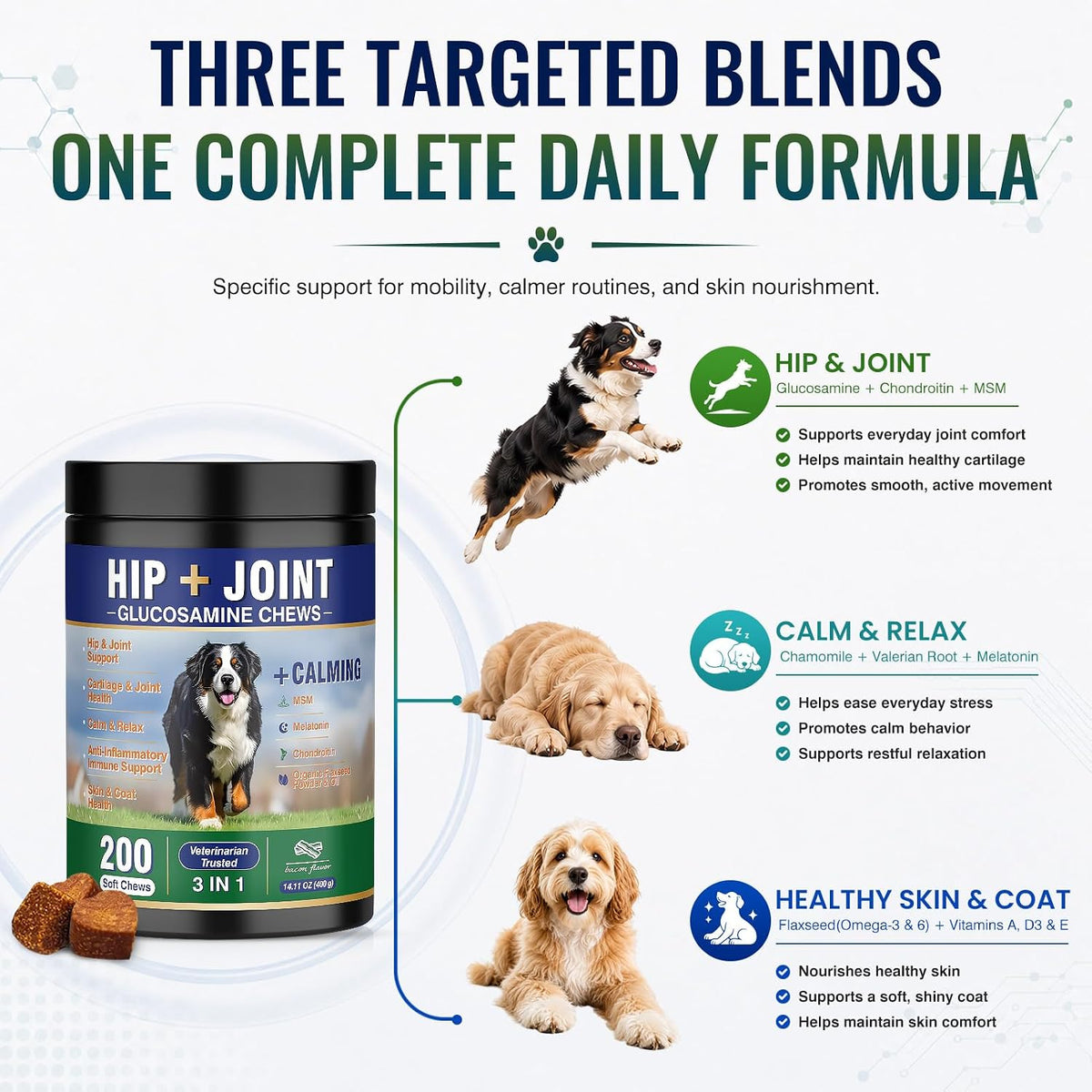 Hip and Joint Supplement for Dogs 200ct, Calming & Skin Support All dogs