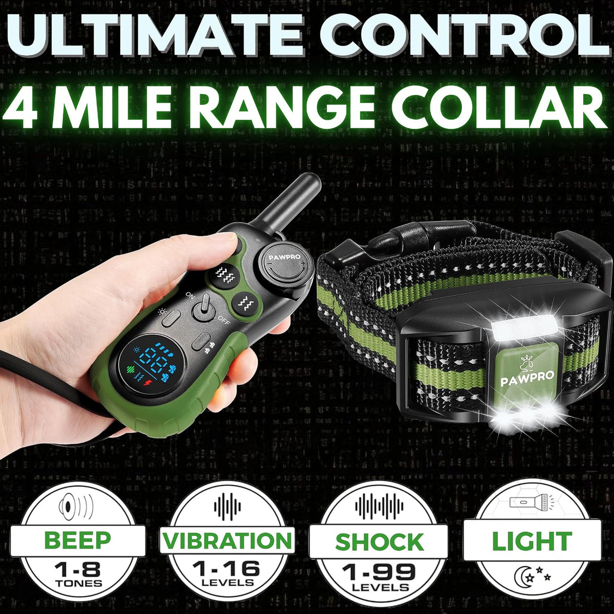 Dog Shock Collar with Remote, Unmatched 4-Mile Range, Night-Light Mode, Training Guide Included, 124 Training Levels & 4 Modes, Beep Vibration Shock, Waterproof Rechargeable, Fits All Dogs (1 Collar)