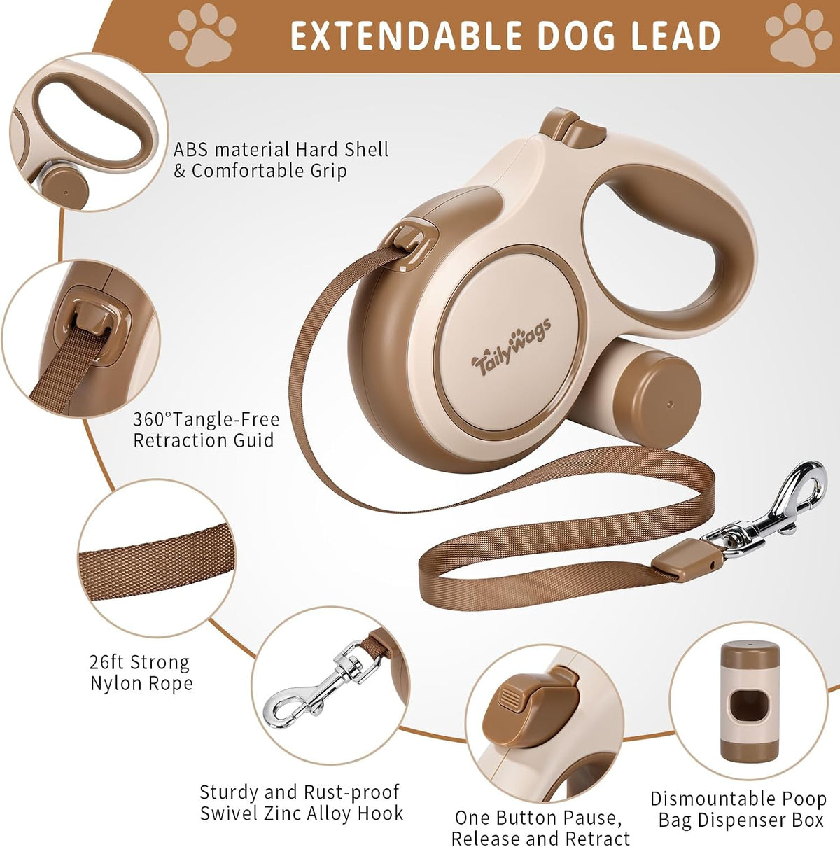 26ft Retractable Dog Leash for Large Dogs up to 110 lbs, Khaki