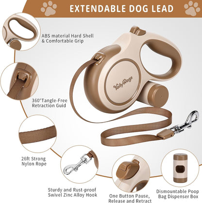 26ft Retractable Dog Leash for Large Dogs up to 110 lbs, Khaki