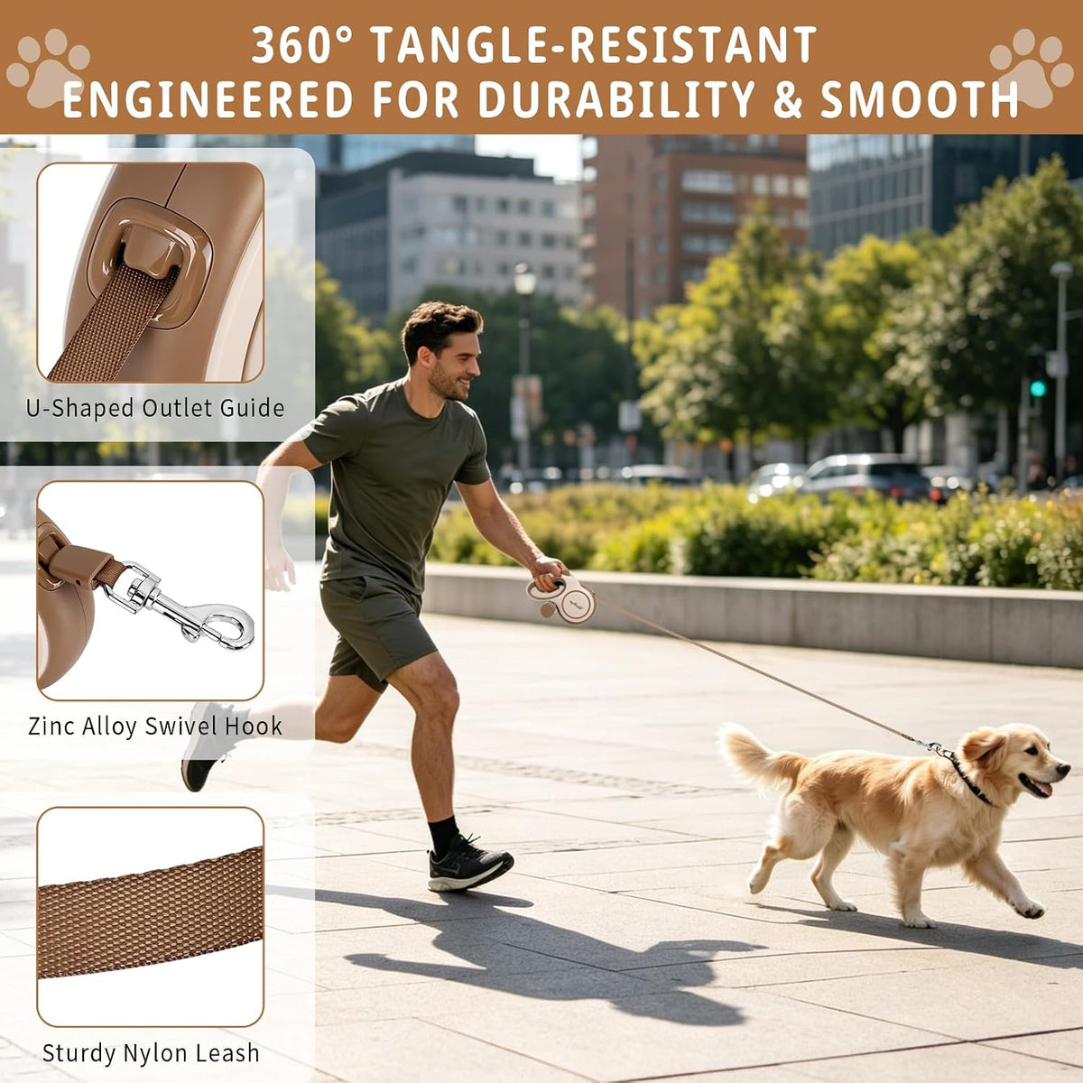 26ft Retractable Dog Leash for Large Dogs up to 110 lbs, Khaki