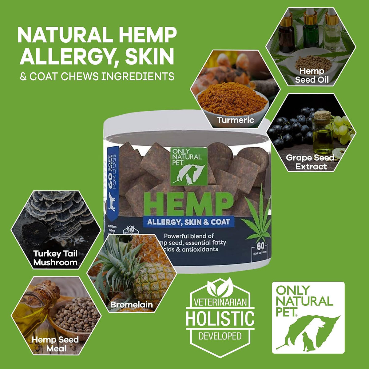 Allergy, Skin & Coat Hemp Soft Chews - Allergy Immune Bites for Dogs, Omega 3 Supplement, Calming Treats for Itchy Skin Relief, Hot Spot - (AL.)