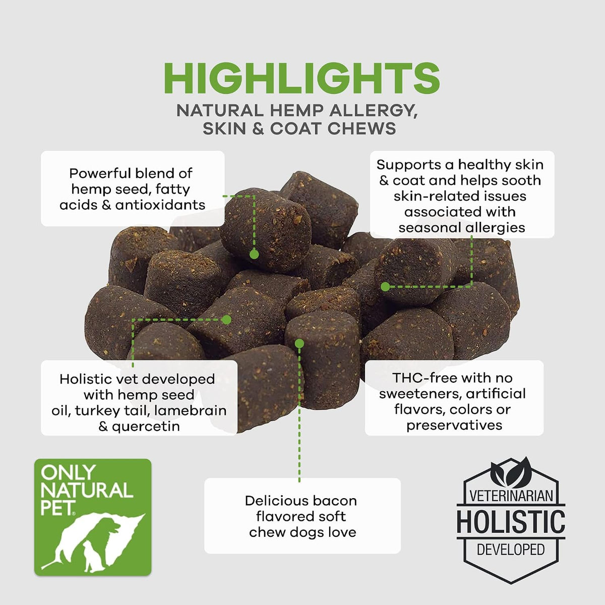 Allergy, Skin & Coat Hemp Soft Chews - Allergy Immune Bites for Dogs, Omega 3 Supplement, Calming Treats for Itchy Skin Relief, Hot Spot - (AL.)