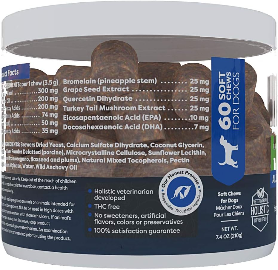 Allergy, Skin & Coat Hemp Soft Chews - Allergy Immune Bites for Dogs, Omega 3 Supplement, Calming Treats for Itchy Skin Relief, Hot Spot - (AL.)