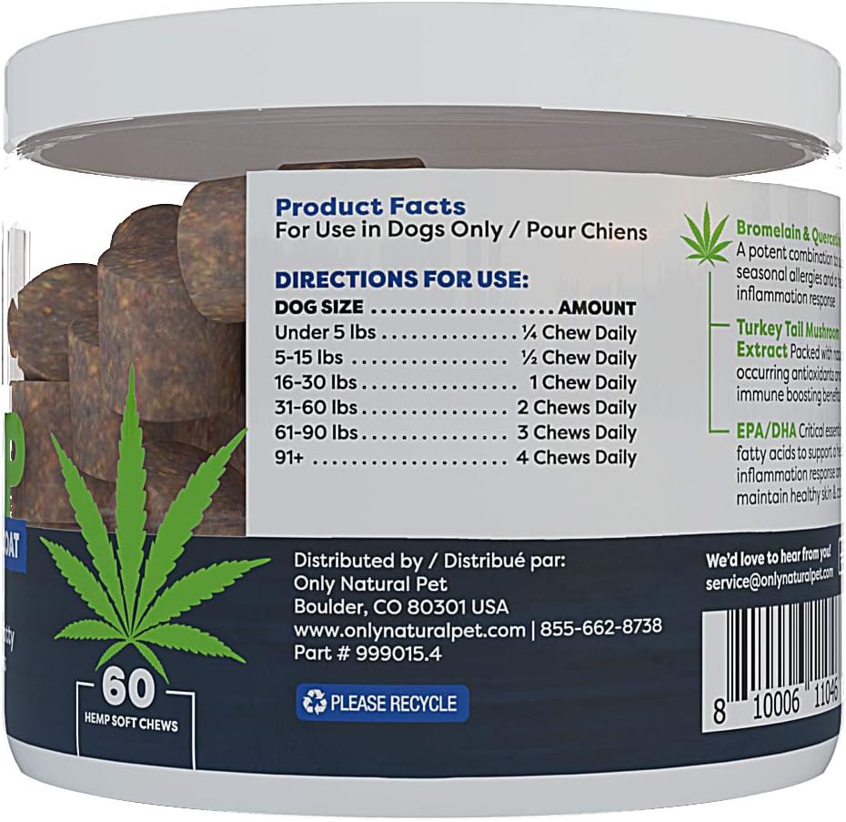 Allergy, Skin & Coat Hemp Soft Chews - Allergy Immune Bites for Dogs, Omega 3 Supplement, Calming Treats for Itchy Skin Relief, Hot Spot - (AL.)