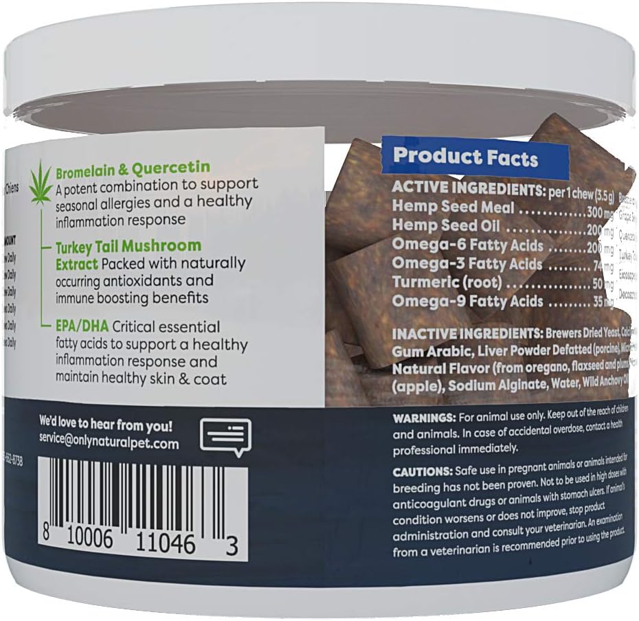 Allergy, Skin & Coat Hemp Soft Chews - Allergy Immune Bites for Dogs, Omega 3 Supplement, Calming Treats for Itchy Skin Relief, Hot Spot - (AL.)