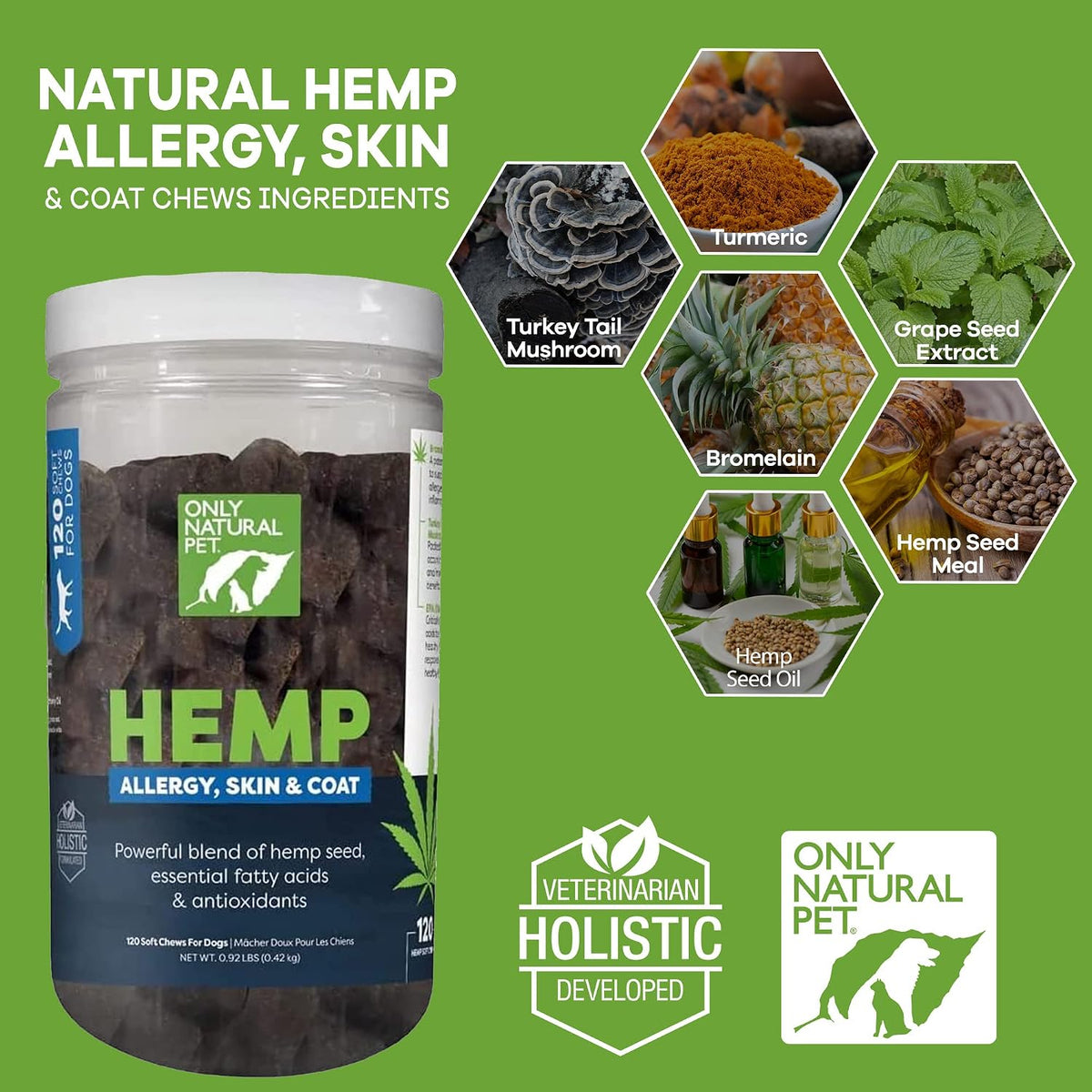 Allergy, Skin & Coat Hemp Soft Chews - Allergy Immune Bites for Dogs, Omega 3 Supplement, Calming Treats for Itchy Skin Relief, Hot Spot - (AL.)