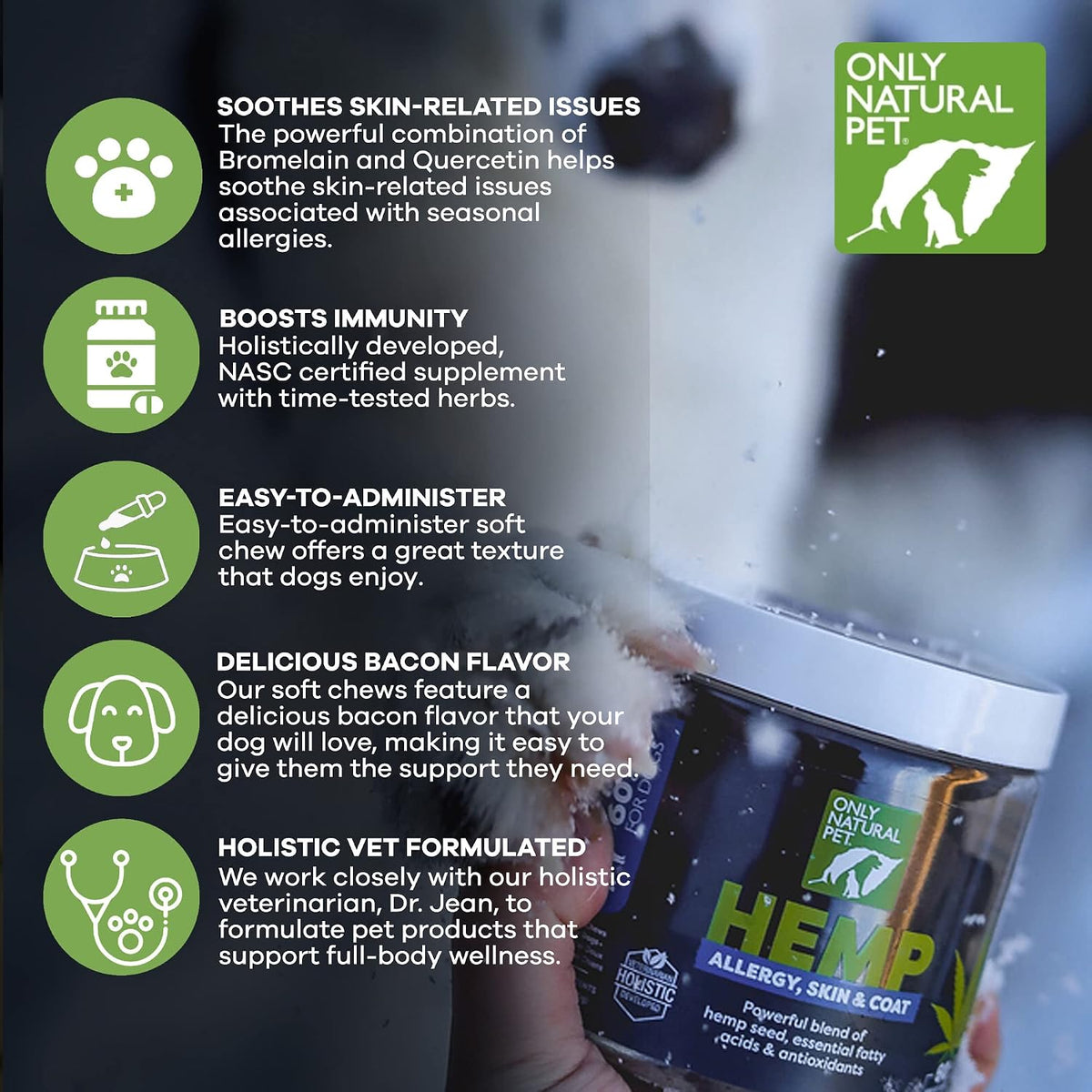 Allergy, Skin & Coat Hemp Soft Chews - Allergy Immune Bites for Dogs, Omega 3 Supplement, Calming Treats for Itchy Skin Relief, Hot Spot - (AL.)