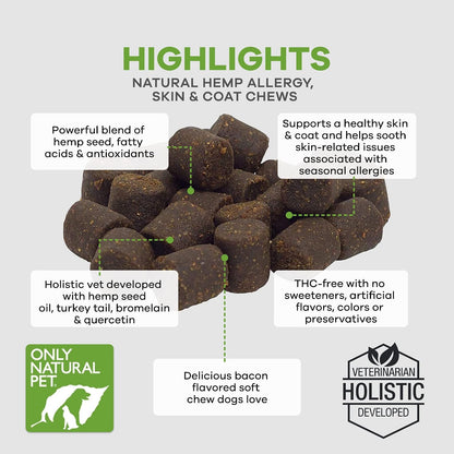 Allergy, Skin & Coat Hemp Soft Chews - Allergy Immune Bites for Dogs, Omega 3 Supplement, Calming Treats for Itchy Skin Relief, Hot Spot - (AL.)