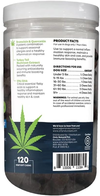 Allergy, Skin & Coat Hemp Soft Chews - Allergy Immune Bites for Dogs, Omega 3 Supplement, Calming Treats for Itchy Skin Relief, Hot Spot - (AL.)