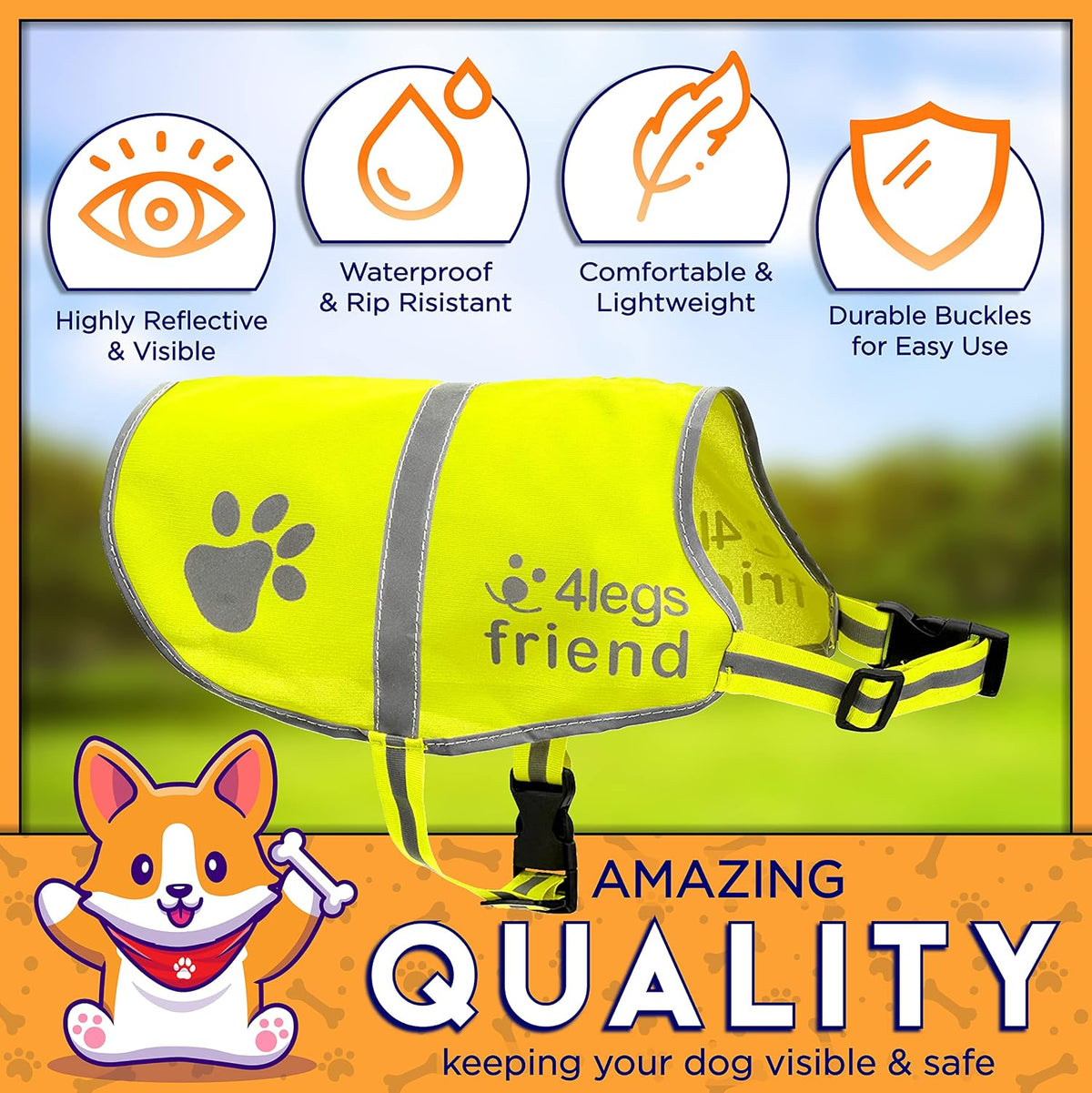 Upgraded Reflective Dog Vest. Hi-Visibility, Fluorescent Blaze Orange Dog Vest Helps Protect Your Best Friend. Safeguard Your PUP from Motorists & Hunting Accidents, On or Off Leash