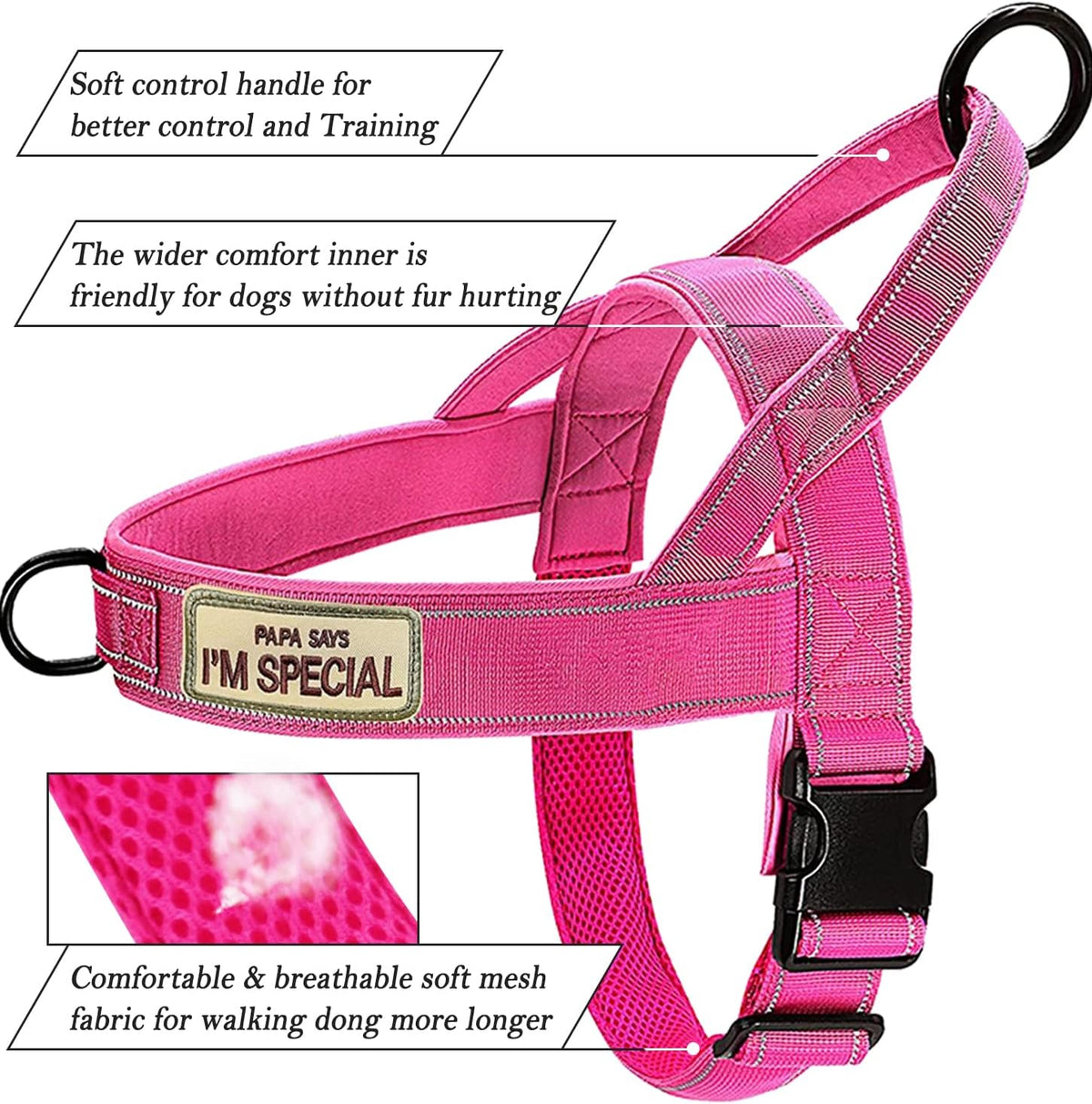 No Pull Dog Harness Pink for Small Medium Large Sized Dog, Reflective Escape Proof Adjustable Dog Harnesses with 2 Patch, L
