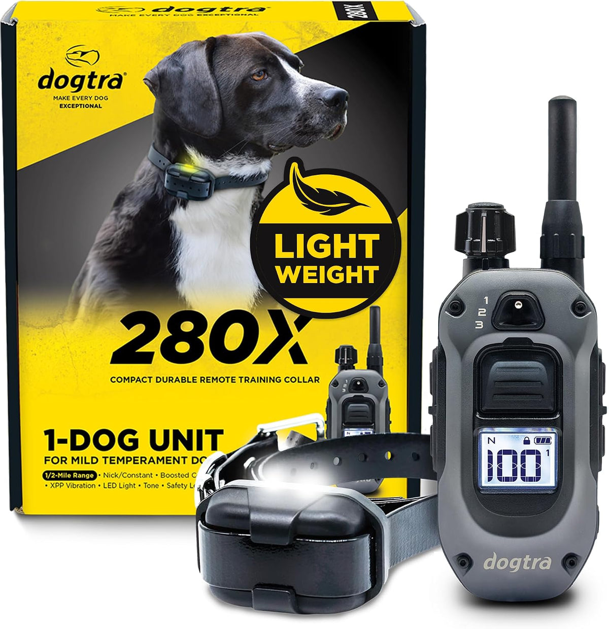 280X E-Collar with Remote [New Edition] 10 lbs+, 1/2 Mile Range, LED Light, 100 Levels of Precise Control for Stubborn Dogs, Waterproof, Boost for Quick Recall, Vibration, Safety Lock & Tone