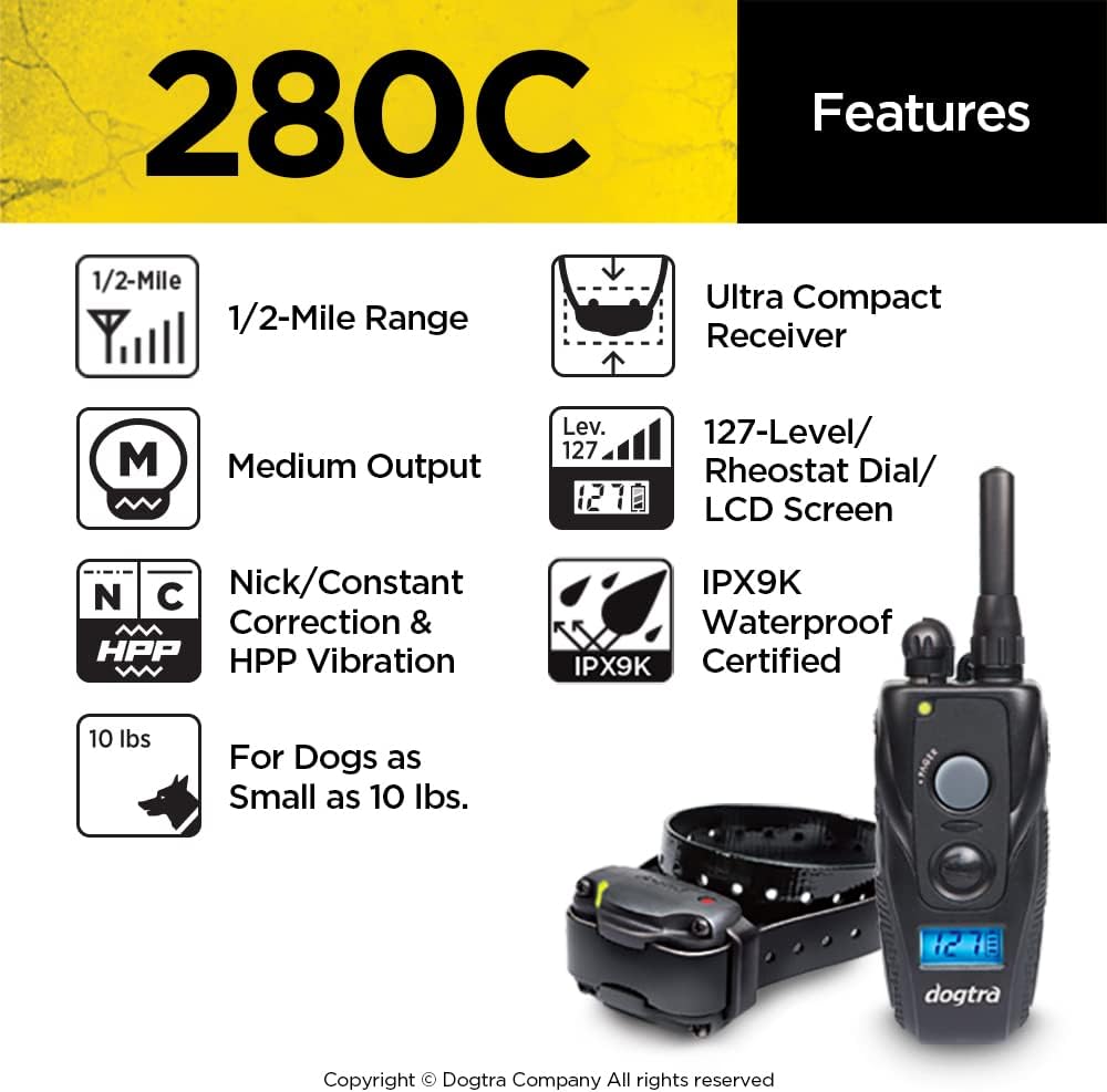 280X E-Collar with Remote [New Edition] 10 lbs+, 1/2 Mile Range, LED Light, 100 Levels of Precise Control for Stubborn Dogs, Waterproof, Boost for Quick Recall, Vibration, Safety Lock & Tone