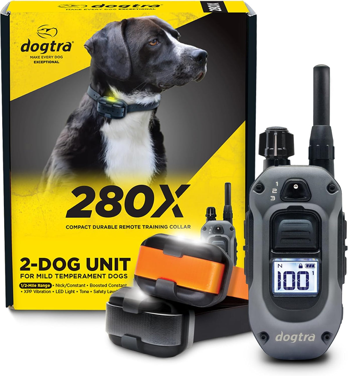 280X E-Collar with Remote [New Edition] 10 lbs+, 1/2 Mile Range, LED Light, 100 Levels of Precise Control for Stubborn Dogs, Waterproof, Boost for Quick Recall, Vibration, Safety Lock & Tone