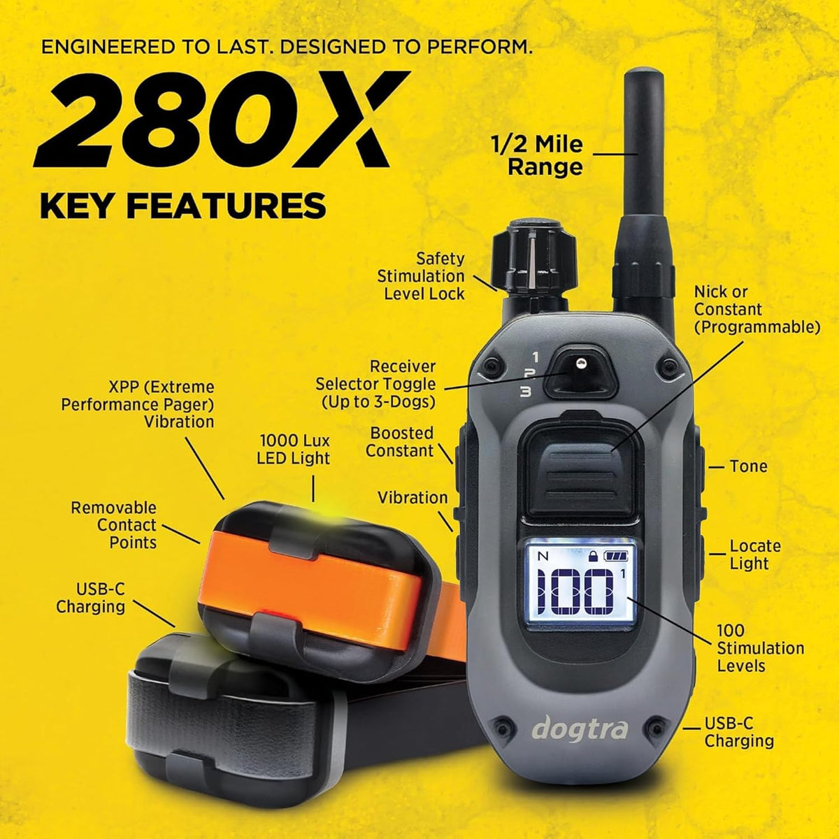 280X E-Collar with Remote [New Edition] 10 lbs+, 1/2 Mile Range, LED Light, 100 Levels of Precise Control for Stubborn Dogs, Waterproof, Boost for Quick Recall, Vibration, Safety Lock & Tone