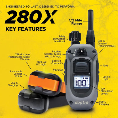 280X E-Collar with Remote [New Edition] 10 lbs+, 1/2 Mile Range, LED Light, 100 Levels of Precise Control for Stubborn Dogs, Waterproof, Boost for Quick Recall, Vibration, Safety Lock & Tone