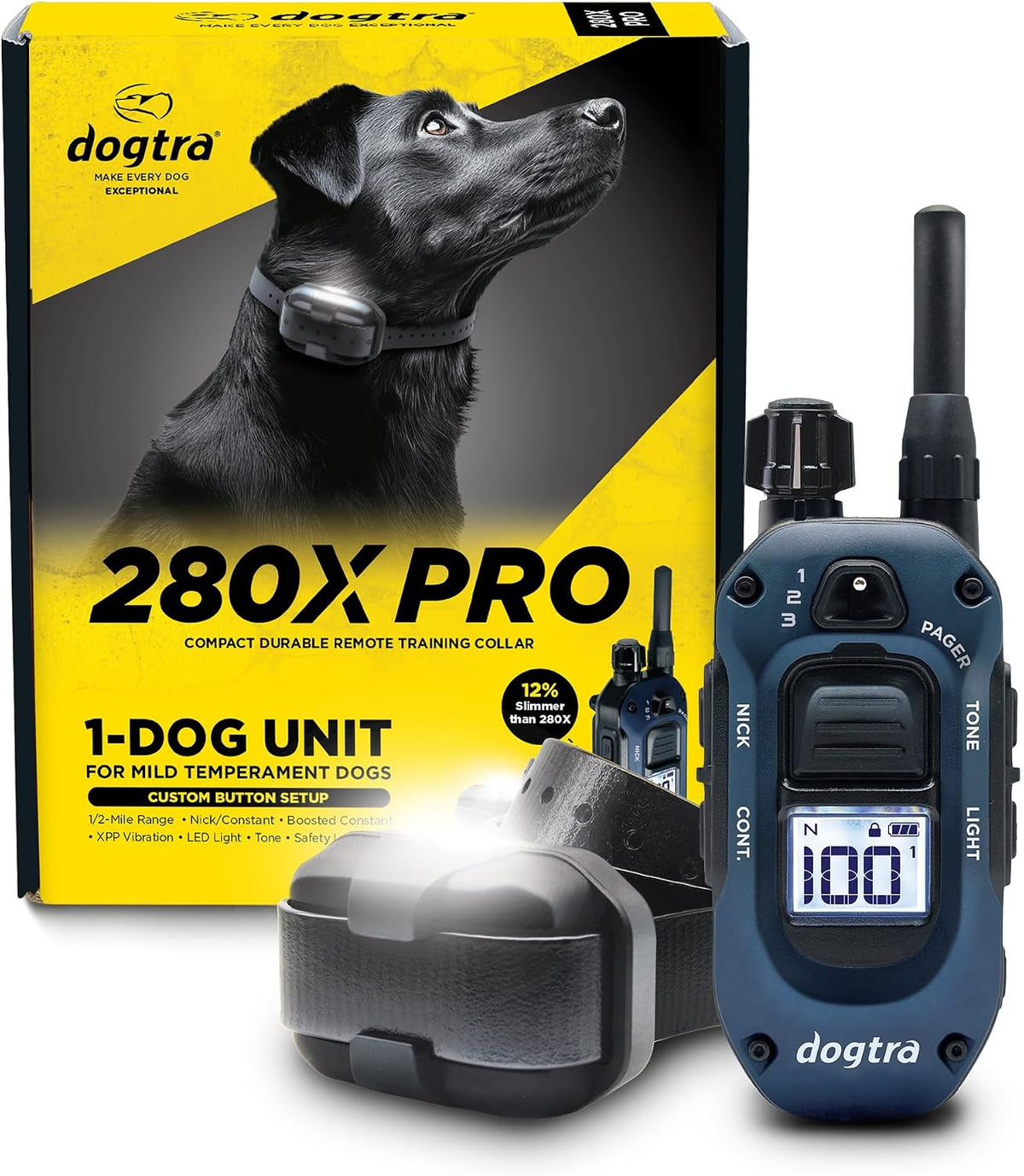 280X E-Collar with Remote [New Edition] 10 lbs+, 1/2 Mile Range, LED Light, 100 Levels of Precise Control for Stubborn Dogs, Waterproof, Boost for Quick Recall, Vibration, Safety Lock & Tone
