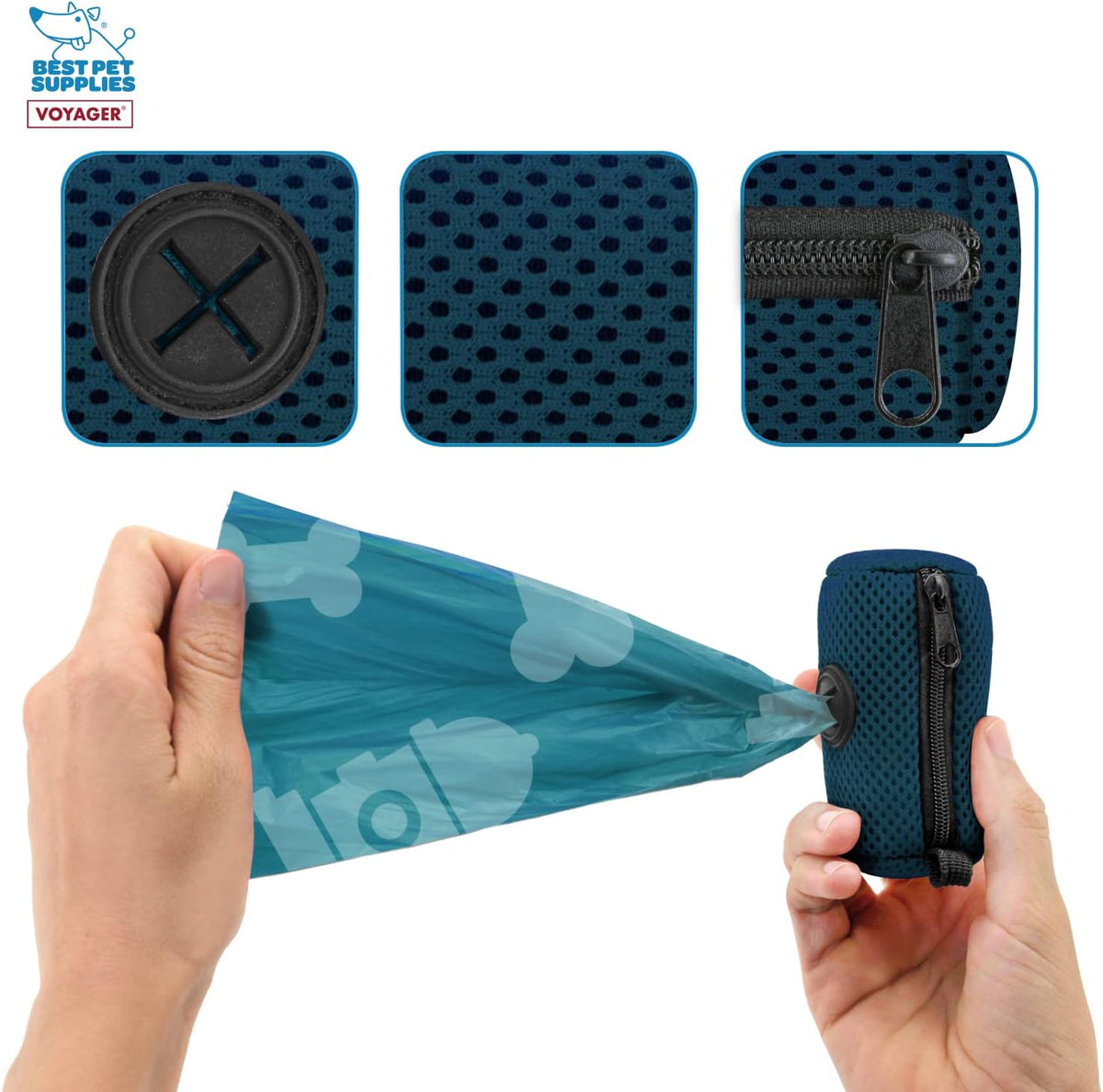 Best Pet Supplies Dog Poop Bag Holder Leash Attachment with Reusable Dispenser for Travel, Walking, Park, and Outdoor Use, Durable with Clip-On - Prussian Blue, Mesh Dispenser w/15 Bags