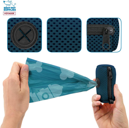 Best Pet Supplies Dog Poop Bag Holder Leash Attachment with Reusable Dispenser for Travel, Walking, Park, and Outdoor Use, Durable with Clip-On - Prussian Blue, Mesh Dispenser w/15 Bags