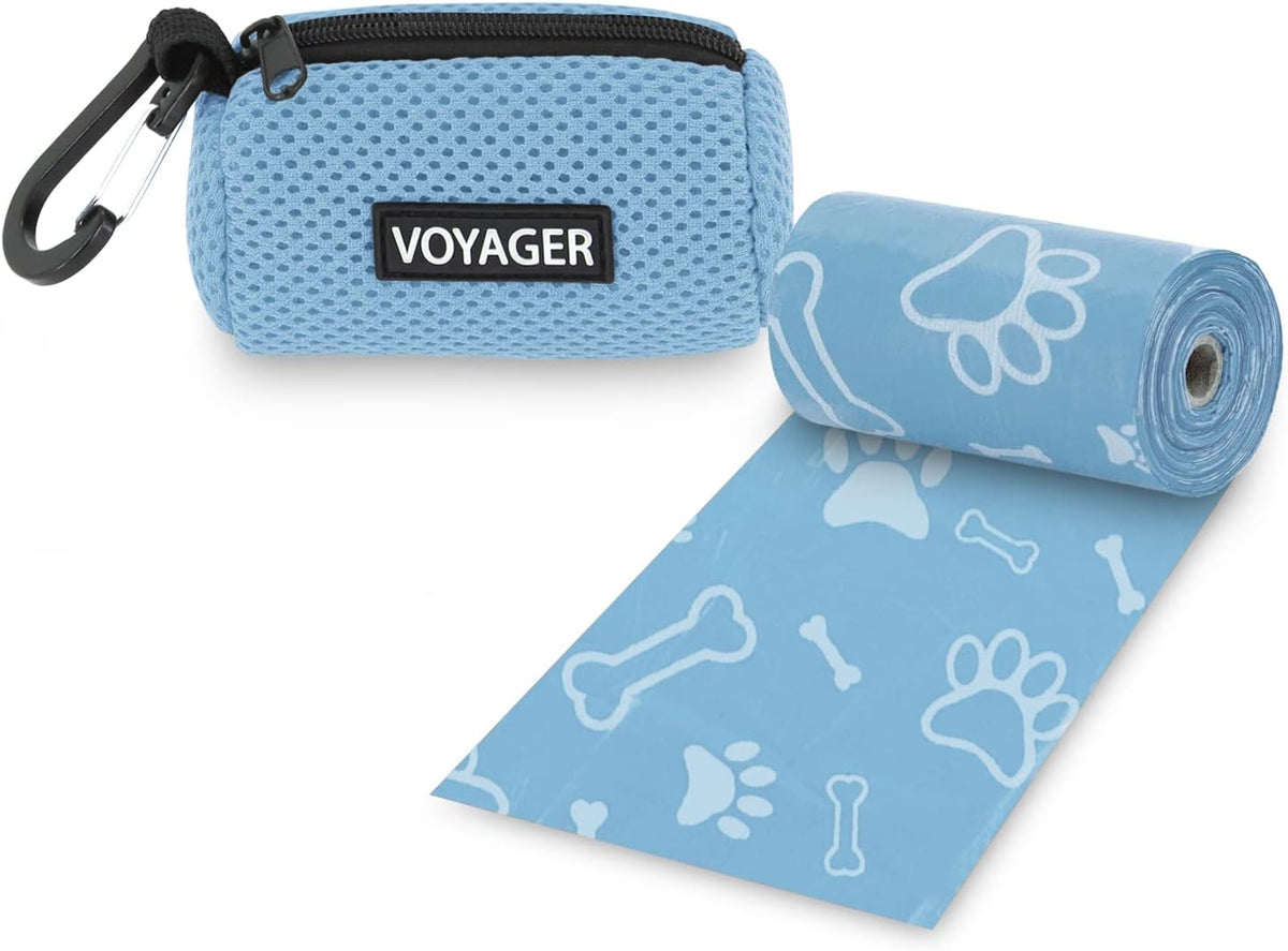 Best Pet Supplies Dog Poop Bag Holder Leash Attachment with Reusable Dispenser for Travel, Walking, Park, and Outdoor Use, Durable with Clip-On - Prussian Blue, Mesh Dispenser w/15 Bags