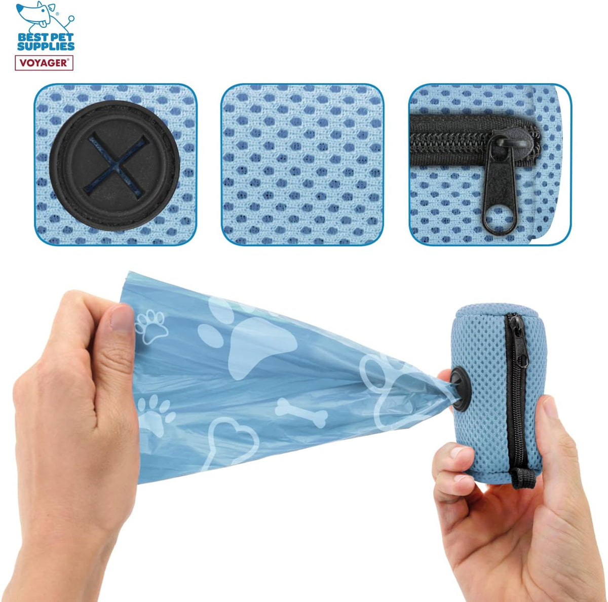 Best Pet Supplies Dog Poop Bag Holder Leash Attachment with Reusable Dispenser for Travel, Walking, Park, and Outdoor Use, Durable with Clip-On - Prussian Blue, Mesh Dispenser w/15 Bags