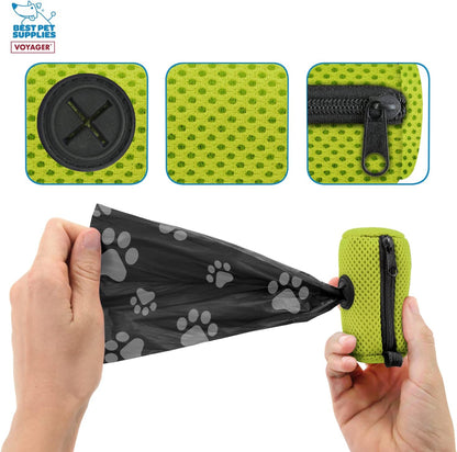 Best Pet Supplies Dog Poop Bag Holder Leash Attachment with Reusable Dispenser for Travel, Walking, Park, and Outdoor Use, Durable with Clip-On - Prussian Blue, Mesh Dispenser w/15 Bags