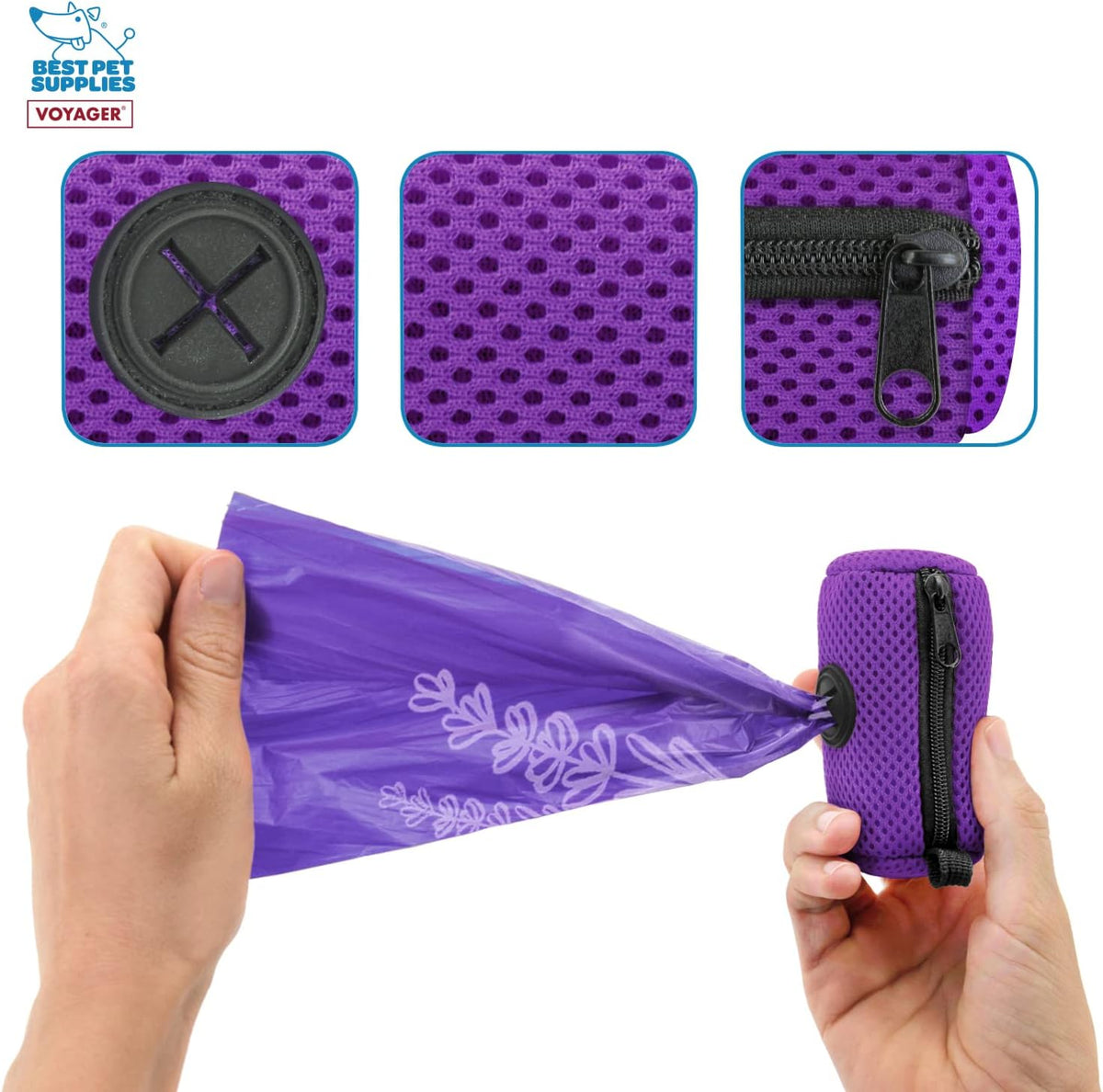 Best Pet Supplies Dog Poop Bag Holder Leash Attachment with Reusable Dispenser for Travel, Walking, Park, and Outdoor Use, Durable with Clip-On - Prussian Blue, Mesh Dispenser w/15 Bags