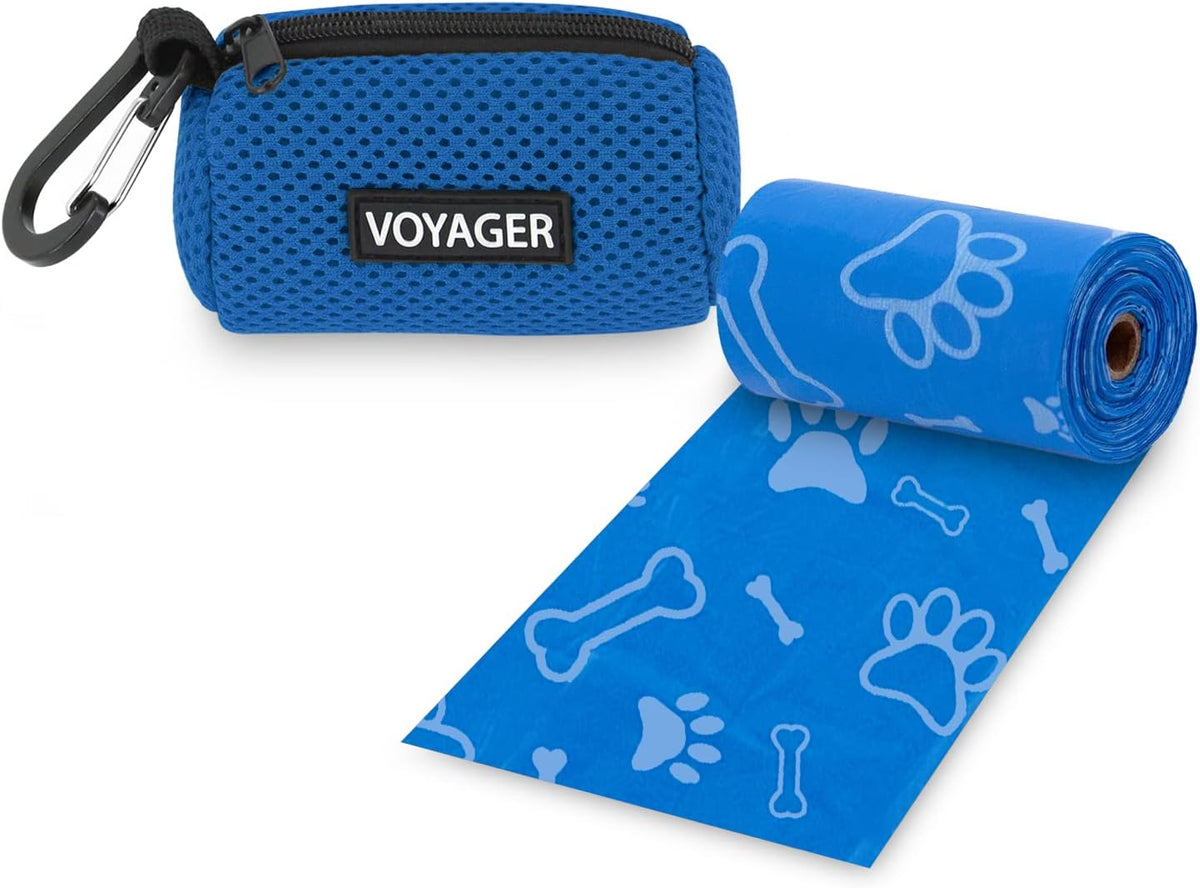 Best Pet Supplies Dog Poop Bag Holder Leash Attachment with Reusable Dispenser for Travel, Walking, Park, and Outdoor Use, Durable with Clip-On - Prussian Blue, Mesh Dispenser w/15 Bags
