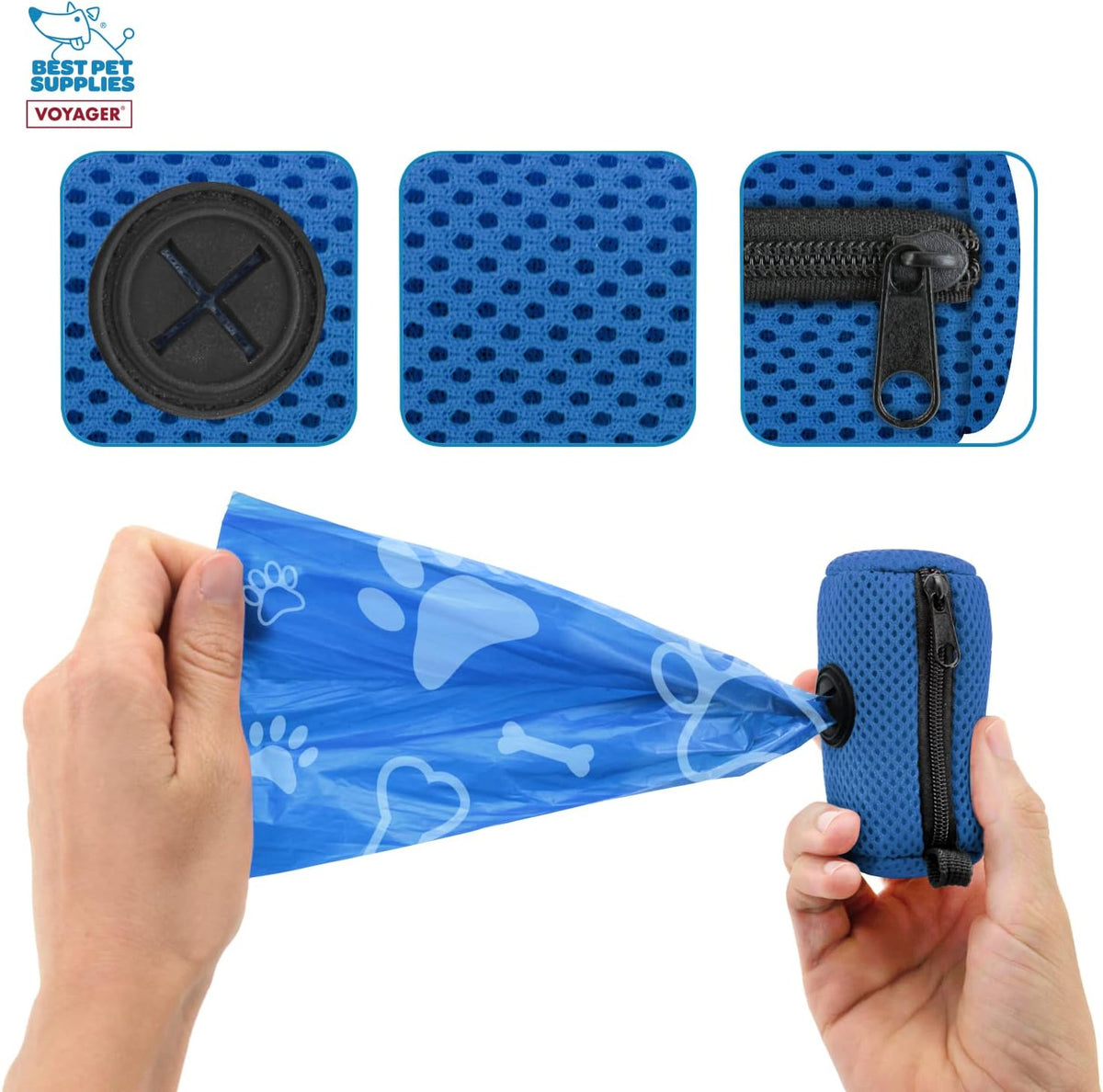 Best Pet Supplies Dog Poop Bag Holder Leash Attachment with Reusable Dispenser for Travel, Walking, Park, and Outdoor Use, Durable with Clip-On - Prussian Blue, Mesh Dispenser w/15 Bags