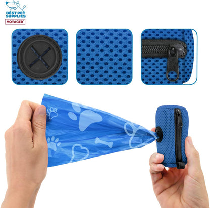Best Pet Supplies Dog Poop Bag Holder Leash Attachment with Reusable Dispenser for Travel, Walking, Park, and Outdoor Use, Durable with Clip-On - Prussian Blue, Mesh Dispenser w/15 Bags