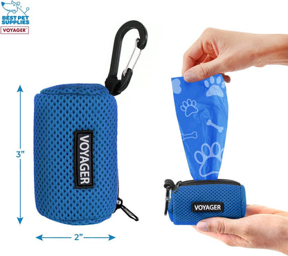 Best Pet Supplies Dog Poop Bag Holder Leash Attachment with Reusable Dispenser for Travel, Walking, Park, and Outdoor Use, Durable with Clip-On - Prussian Blue, Mesh Dispenser w/15 Bags