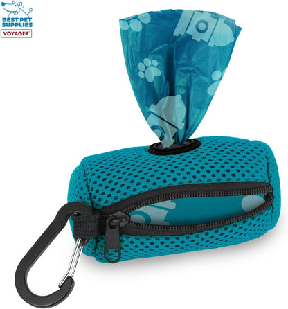 Best Pet Supplies Dog Poop Bag Holder Leash Attachment with Reusable Dispenser for Travel, Walking, Park, and Outdoor Use, Durable with Clip-On - Prussian Blue, Mesh Dispenser w/15 Bags