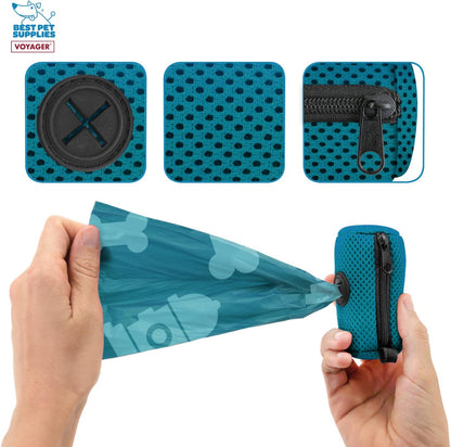 Best Pet Supplies Dog Poop Bag Holder Leash Attachment with Reusable Dispenser for Travel, Walking, Park, and Outdoor Use, Durable with Clip-On - Prussian Blue, Mesh Dispenser w/15 Bags