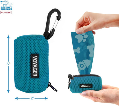 Best Pet Supplies Dog Poop Bag Holder Leash Attachment with Reusable Dispenser for Travel, Walking, Park, and Outdoor Use, Durable with Clip-On - Prussian Blue, Mesh Dispenser w/15 Bags
