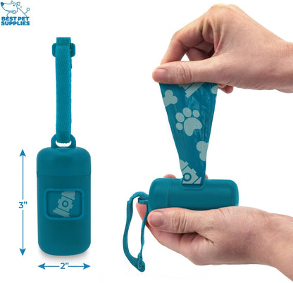 Best Pet Supplies Dog Poop Bag Holder Leash Attachment with Reusable Dispenser for Travel, Walking, Park, and Outdoor Use, Durable with Clip-On - Prussian Blue, Mesh Dispenser w/15 Bags